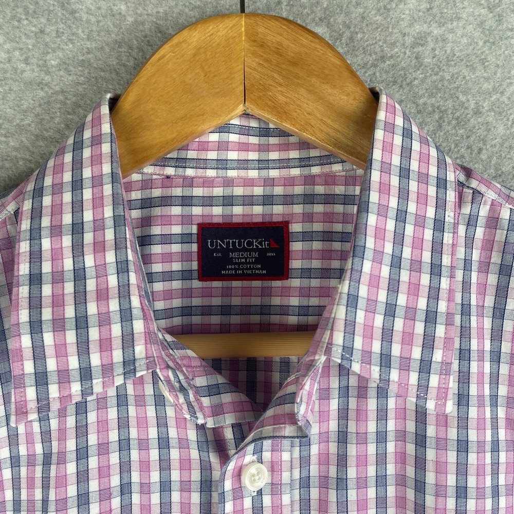 Untuckit Shirt Men Medium Slim Fit Pink Blue Checkered Business Plaid Button Up